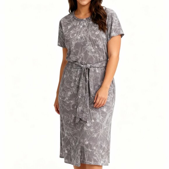 LuLaRoe Gray/Purple Printed Midi Dress — Short Sleeve Belted Style - Picture 1 of 6